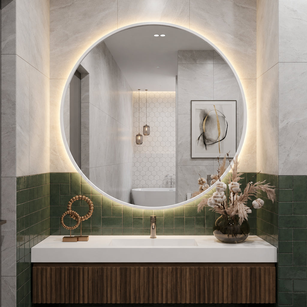 Wooden Framed Round Wall Mirror