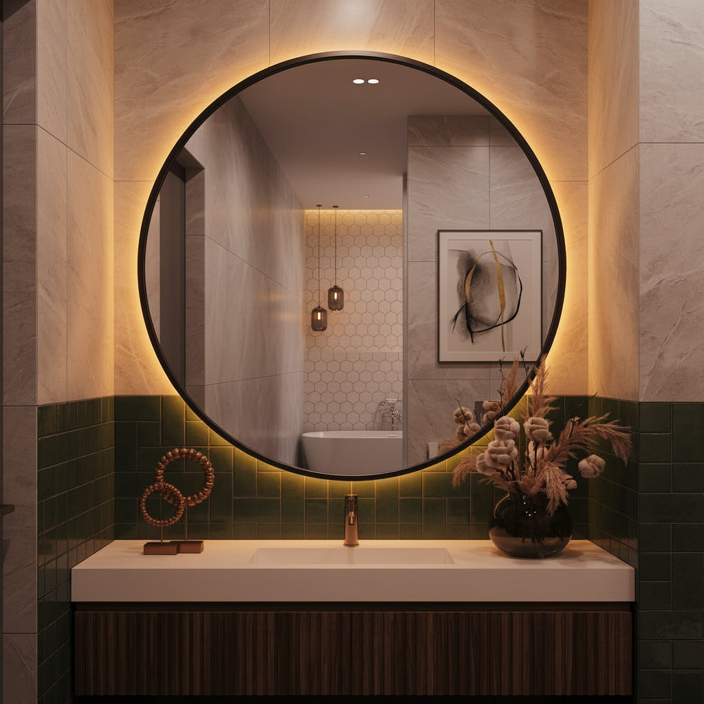 Wooden Framed Round Wall Mirror