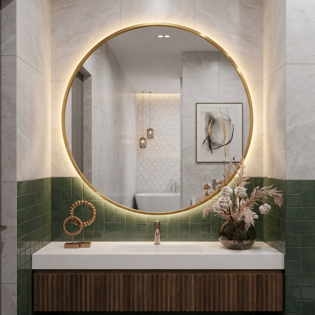 Wooden Framed Round Wall Mirror
