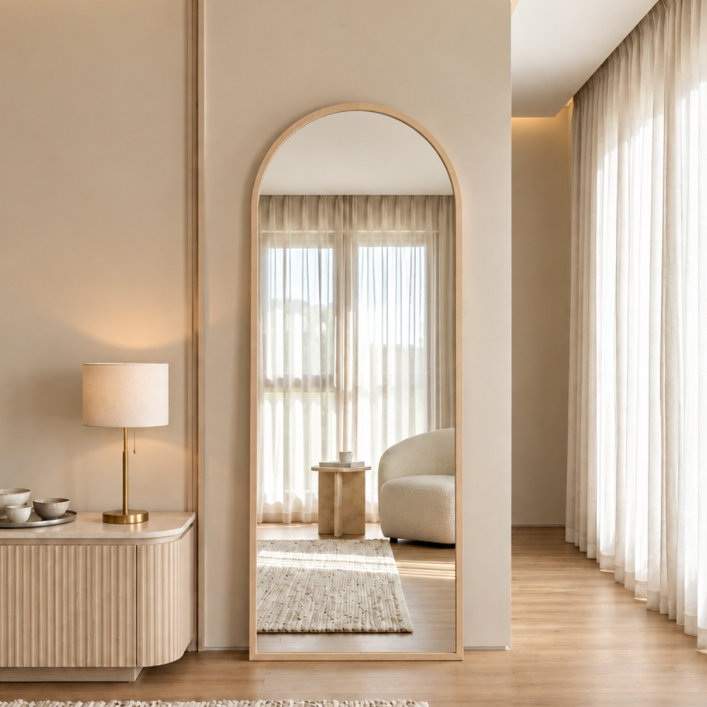Wooden Frame Arched Mirror