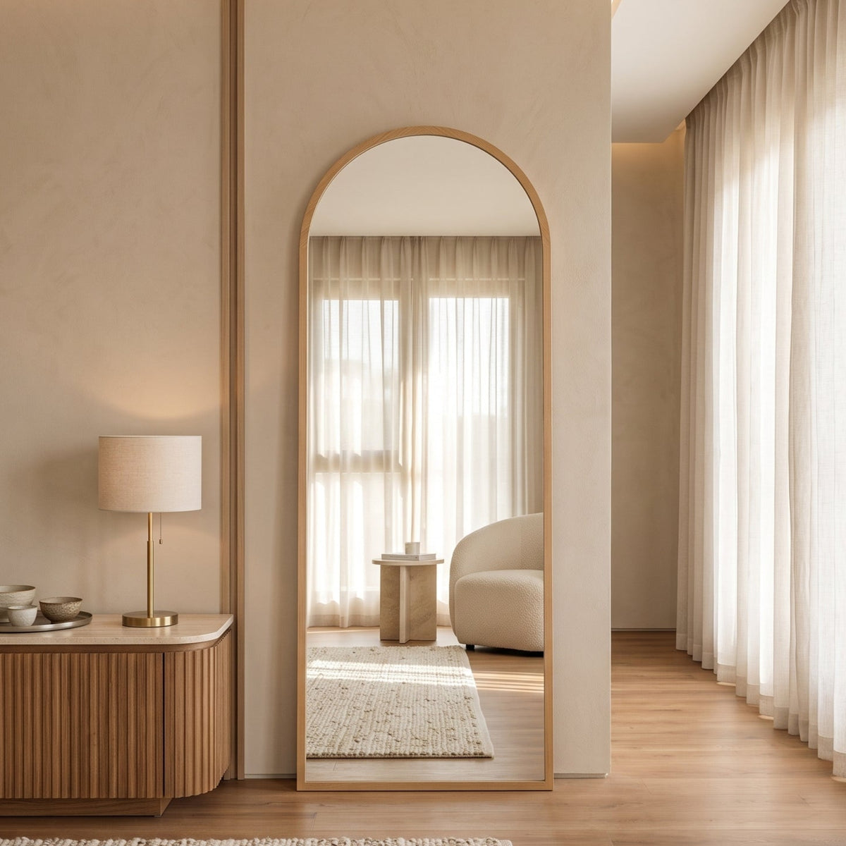 Wooden Frame Arched Mirror