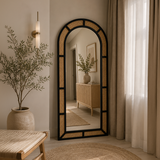 Wooden Frame Rattan Arch Mirror