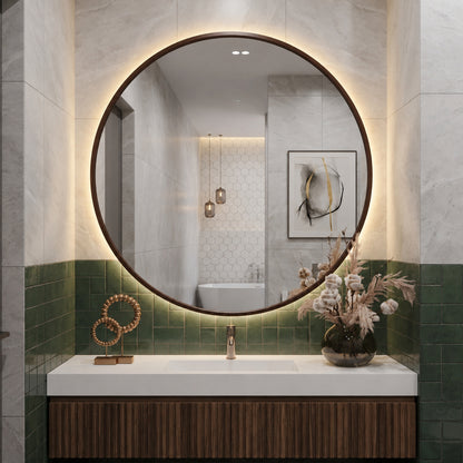 Wooden Framed Round Wall Mirror
