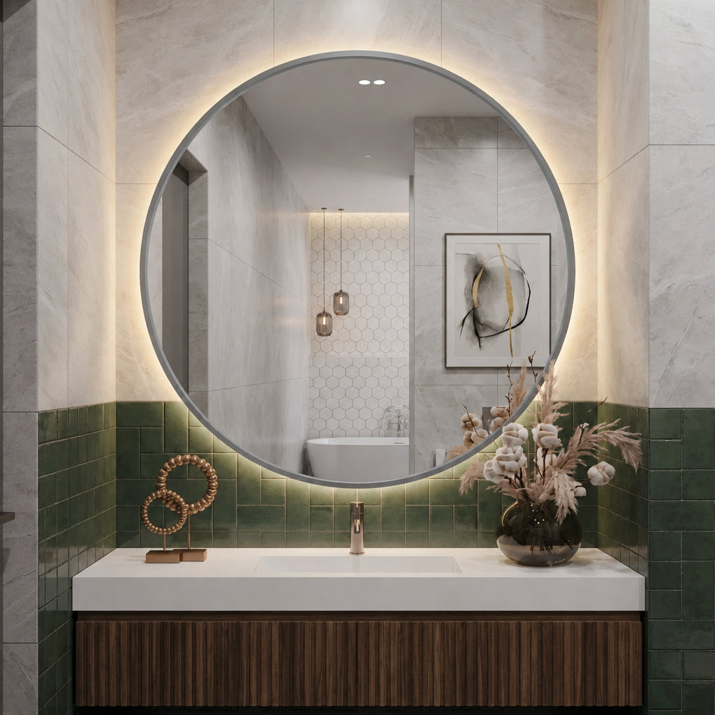 Wooden Framed Round Wall Mirror