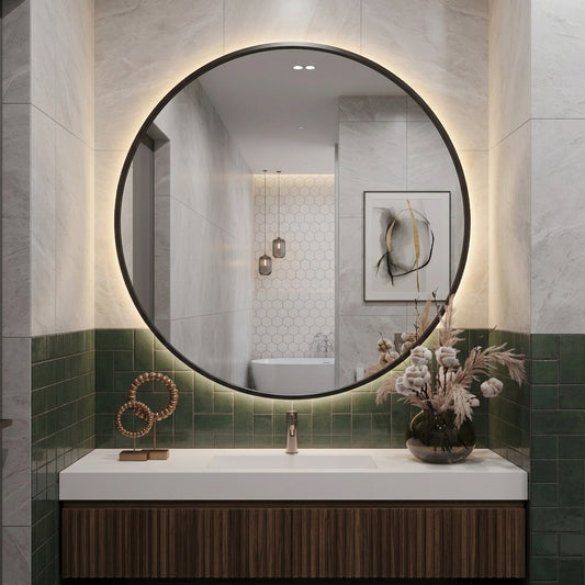 Wooden Framed Round Wall Mirror