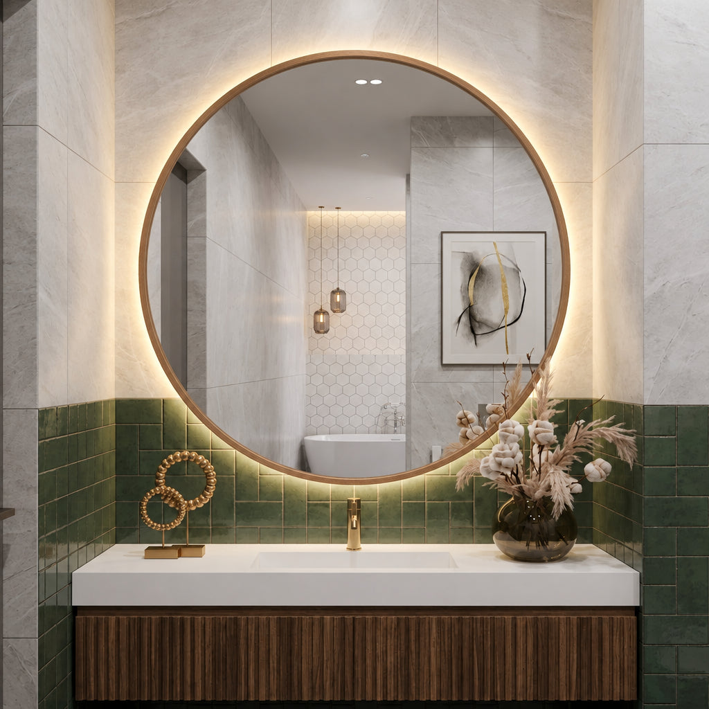 Wooden Framed Round Wall Mirror