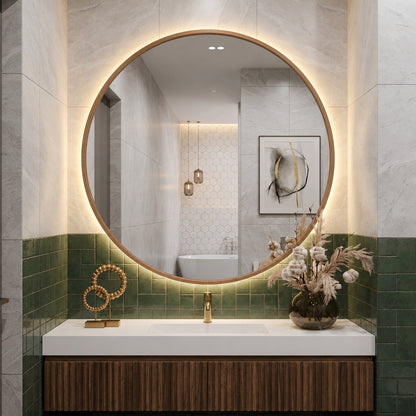 Wooden Framed Round Wall Mirror